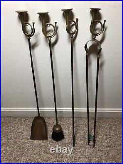 Antique 5 Pc French Horn Brass Fireplace Tool Set with Cherry Base And Handle EC