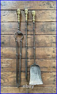 Antique American Companion Fire Tool Set Brass & Steel, Marble Base, Early 1800