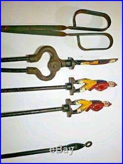 Antique Andirons Fire Place Complete Tool Set With Matching Hessian Soldiers