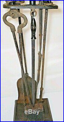 Antique Andirons Fire Place Complete Tool Set With Matching Hessian Soldiers