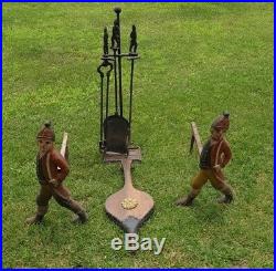 Antique Andirons & Fire Place Tool Set with Matching Hessian Soldiers by M Bibi