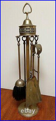 Antique Art Deco English Hand Forged 22.5 Brass 5-Piece Fireplace Tools Set