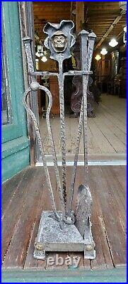 Antique Arts And Crafts Monks Head Fireplace Tool Set