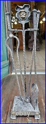 Antique Arts And Crafts Monks Head Fireplace Tool Set