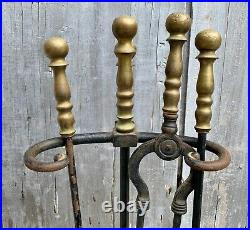 Antique Arts & Crafts Bradley & Hubbard Brass, Iron Fireplace Tools Set ORIGINAL