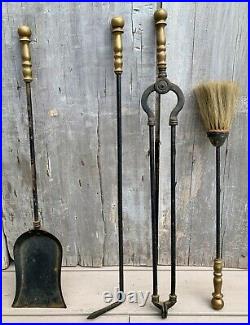 Antique Arts & Crafts Bradley & Hubbard Brass, Iron Fireplace Tools Set ORIGINAL