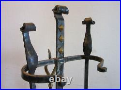 Antique Arts & Crafts Hammered steel with brass gothic Fireplace tool set with stand