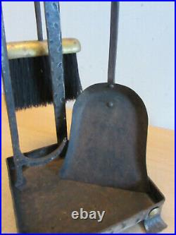 Antique Arts & Crafts Hammered steel with brass gothic Fireplace tool set with stand