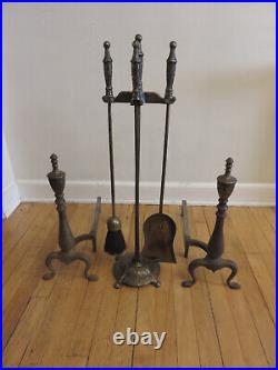 Antique Arts & Crafts Iron/Brass Hammered Fireplace Andirons & Tool Set