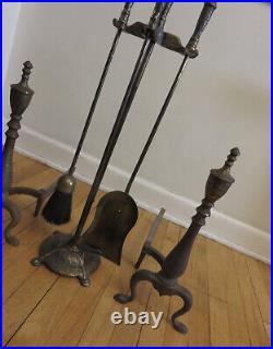 Antique Arts & Crafts Iron/Brass Hammered Fireplace Andirons & Tool Set