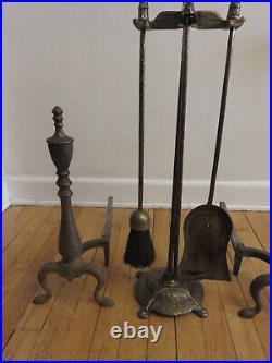 Antique Arts & Crafts Iron/Brass Hammered Fireplace Andirons & Tool Set