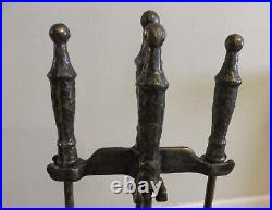 Antique Arts & Crafts Iron/Brass Hammered Fireplace Andirons & Tool Set