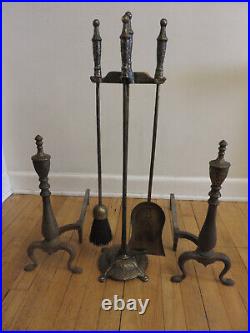 Antique Arts & Crafts Iron/Brass Hammered Fireplace Andirons & Tool Set