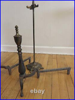 Antique Arts & Crafts Iron/Brass Hammered Fireplace Andirons & Tool Set