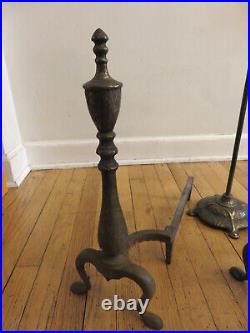 Antique Arts & Crafts Iron/Brass Hammered Fireplace Andirons & Tool Set