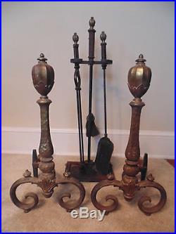Antique Bradley & Hubbard Matching Cast Iron Andirons & Fireplace Tool Set