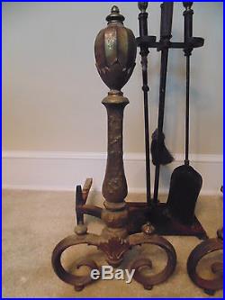Antique Bradley & Hubbard Matching Cast Iron Andirons & Fireplace Tool Set