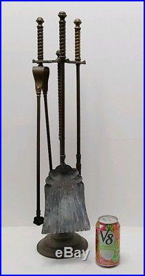 Antique Brass And Cast Iron Fireplace Hearth Tools Set Tongs Poker Shovel