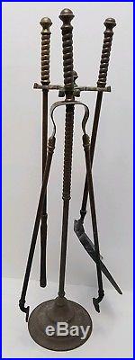 Antique Brass And Cast Iron Fireplace Hearth Tools Set Tongs Poker Shovel