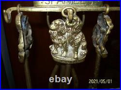 Antique Brass English Coal Cocker Spaniel Theme Fireplace Set 4 Piece Tools