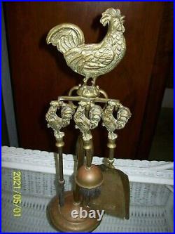 Antique Brass English Coal Rooster/Chicken Theme Fireplace Set 4 Piece Tools