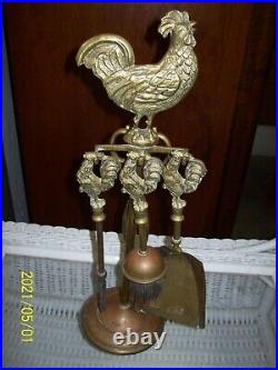 Antique Brass English Coal Rooster/Chicken Theme Fireplace Set 4 Piece Tools