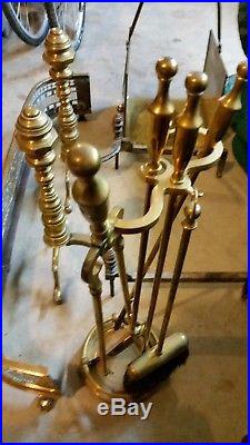 Antique Brass Fireplace Set Andirons, Fender, Tools, Wood Holder