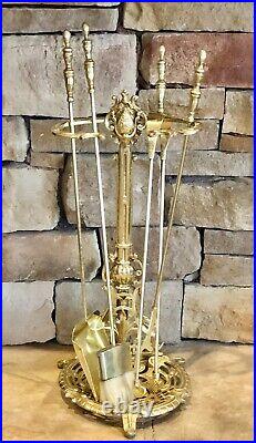Antique Brass Fireplace Tool Set English Victorian 5 Pc Set 22 Tall