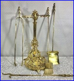 Antique Brass Fireplace Tool Set English Victorian 5 Pc Set 22 Tall