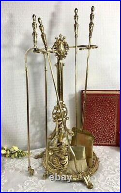 Antique Brass Fireplace Tool Set English Victorian 5 Pc Set 22 Tall