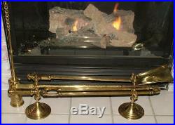 Antique Brass Fireplace Tool Set Hearth Brush Fire Irons Dogs Andirons C. 1870