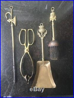 Antique Brass Fireplace Tool Set Scottish Highland Guard 19th Century Complete