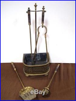 Antique Brass Fireplace Tool Set with Ornate Caddy