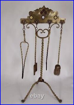 Antique Brass Hand Made Fireplace Tools Tool Set Tongs Broom Poker Shovel Stand