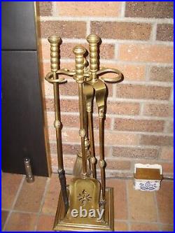 Antique Brass/Iron Fireplace 4 Piece Tool Set/Ornate Hammered Weighted Stand