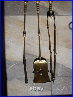 Antique Brass/Iron Fireplace 4 Piece Tool Set/Ornate Hammered Weighted Stand