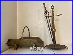 Antique Brass Or Cast Iron Fireplace Tool Set Gold Servant Tongs Log Holder