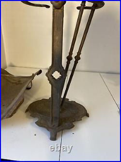 Antique Brass Or Cast Iron Fireplace Tool Set Gold Servant Tongs Log Holder