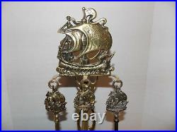 Antique Brass Sailing Ship Fire Place Tool Set, 19'' Tall, Very Nice