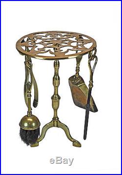 Antique Brass Trivet, Footman with Set of Fire Place or Hearth Tools, English