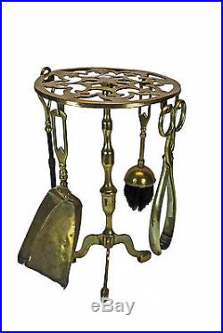 Antique Brass Trivet, Footman with Set of Fire Place or Hearth Tools, English
