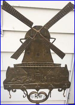 Antique Brass Windmill Victorian Rustic Fireplace Tool Set Holder Circa 1900