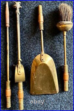 Antique COPPER & Beaded BRASS FIREPLACE or COAL STOVE TOOL SET 5pcs ENGLAND