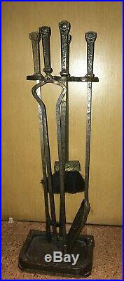 Antique Cahill Fireplace 4pc Tool Set with Stand Brass Bronze Art & Craft