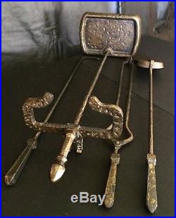 Antique Cahill Fireplace Tool Set Iron with Bronze Finish Hammered Arts & Crafts