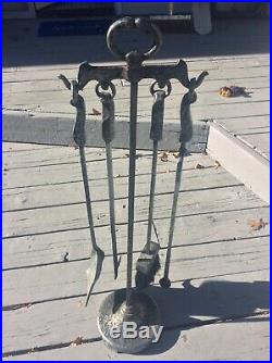 Antique Cahill Hammered Cast Iron Fireplace Tool Set & Stand Vintage U. S. A. Made