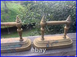 Antique Cast Brass Fireplace Fire Dogs Andirons Tool Rests Patina Heavy Set of 2