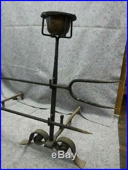 Antique Cast Iron Fireplace Andiron Set With Copper Pots and Tools-Oversized