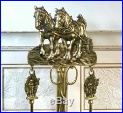 Antique English Brass Fireplace Tool Set Personal Horse /Farm circa 1890 5 pcs