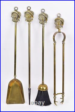 Antique English Brass Fireplace Tool Set with Victorian Lady Heads